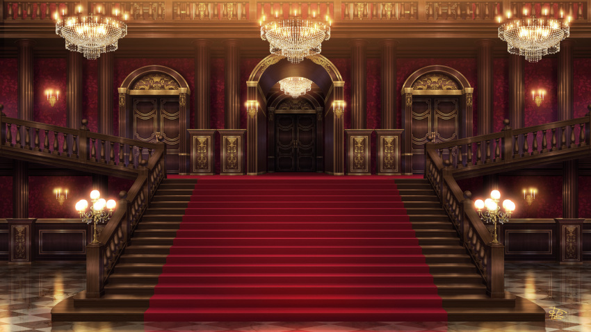 azuma_hatori, candelabra, candle, candlestand, carpet, chandelier, checkered_floor, door