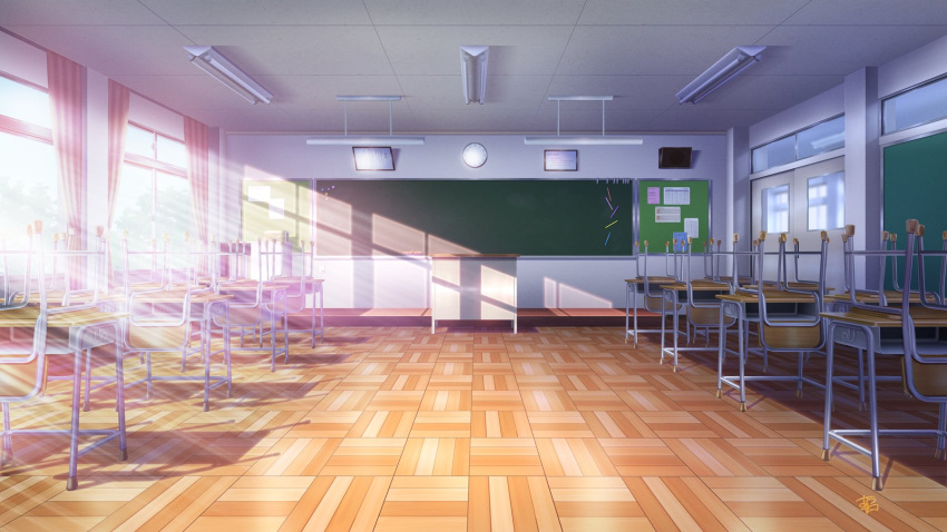 azuma_hatori, bulletin_board, ceiling_light, chair, chalkboard, classroom, clock, curtains