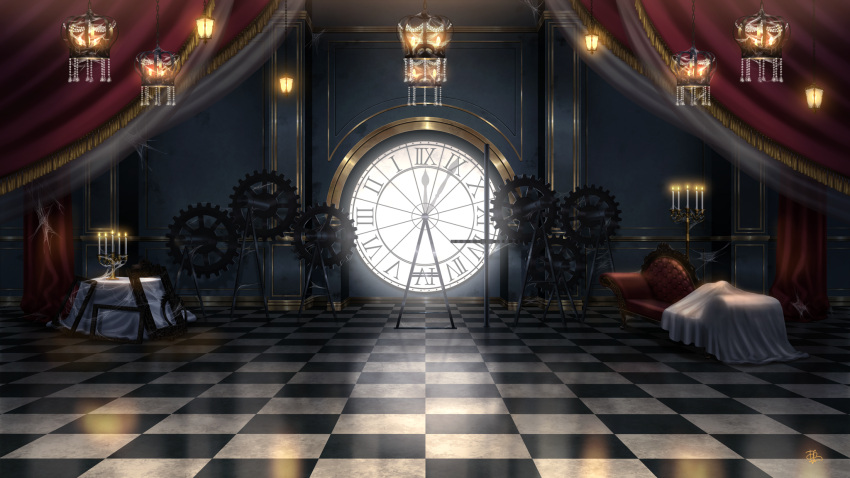 analog_clock, azuma_hatori, blanket, candelabra, candle, candlestand, checkered_floor, clock