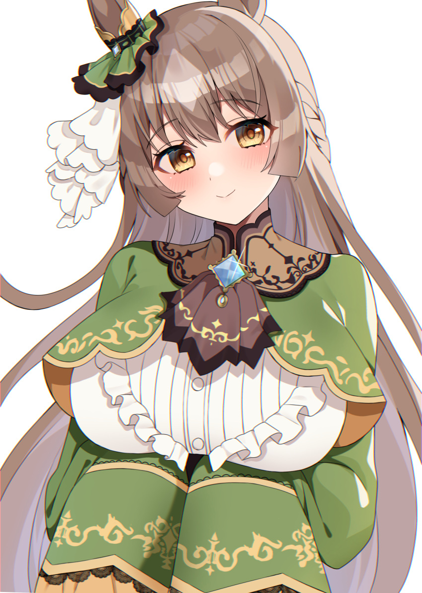 1girl, absurdres, ascot, black_ascot, blush, braid, breasts, brown_hair, center_frills, closed_mouth, commentary, commentary_request, cropped_jacket, diamond_(shape), ear_ornament, french_braid, frilled_sleeves, frills, green_jacket, green_skirt, hair_between_eyes, hand_up, highres, horse_girl, jacket, kaoru_(h8qm9), large_breasts, long_hair, looking_at_viewer, multicolored_hair, orange_eyes, satono_diamond_(umamusume), shirt, simple_background, skirt, sleeves_past_fingers, sleeves_past_wrists, smile, solo, streaked_hair, umamusume, upper_body, white_background, white_hair, white_shirt, yuanagae