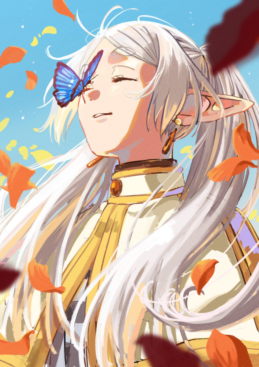 absurdres, blue_sky, blurry, blurry_background, butterfly_on_face, capelet, closed_eyes, commentary_request