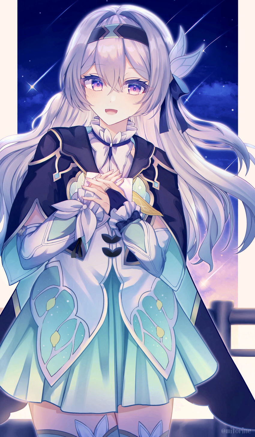 1girl, absurdres, black_hairband, blue_pupils, collared_shirt, firefly_(honkai:_star_rail), grey_hair, hair_between_eyes, hairband, highres, honkai:_star_rail, honkai_(series), long_hair, long_sleeves, looking_at_viewer, mitorine0310, night, night_sky, open_mouth, shirt, shooting_star, skirt, sky, smile, solo, star_(sky), starry_sky, thigh-highs, thighs, two-tone_eyes, white_shirt
