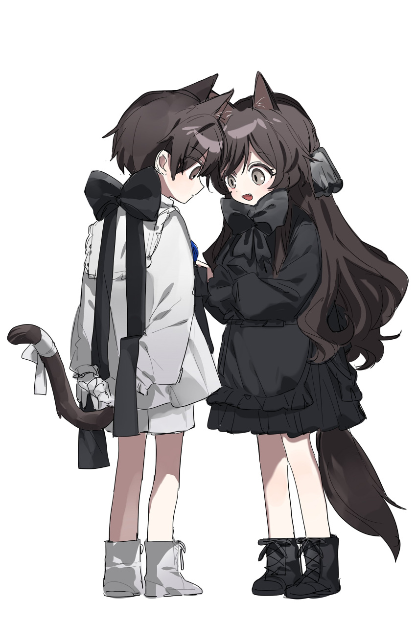 1boy, 1girl, :d, absurdres, animal_ears, arms_behind_back, black_bow, black_bowtie
