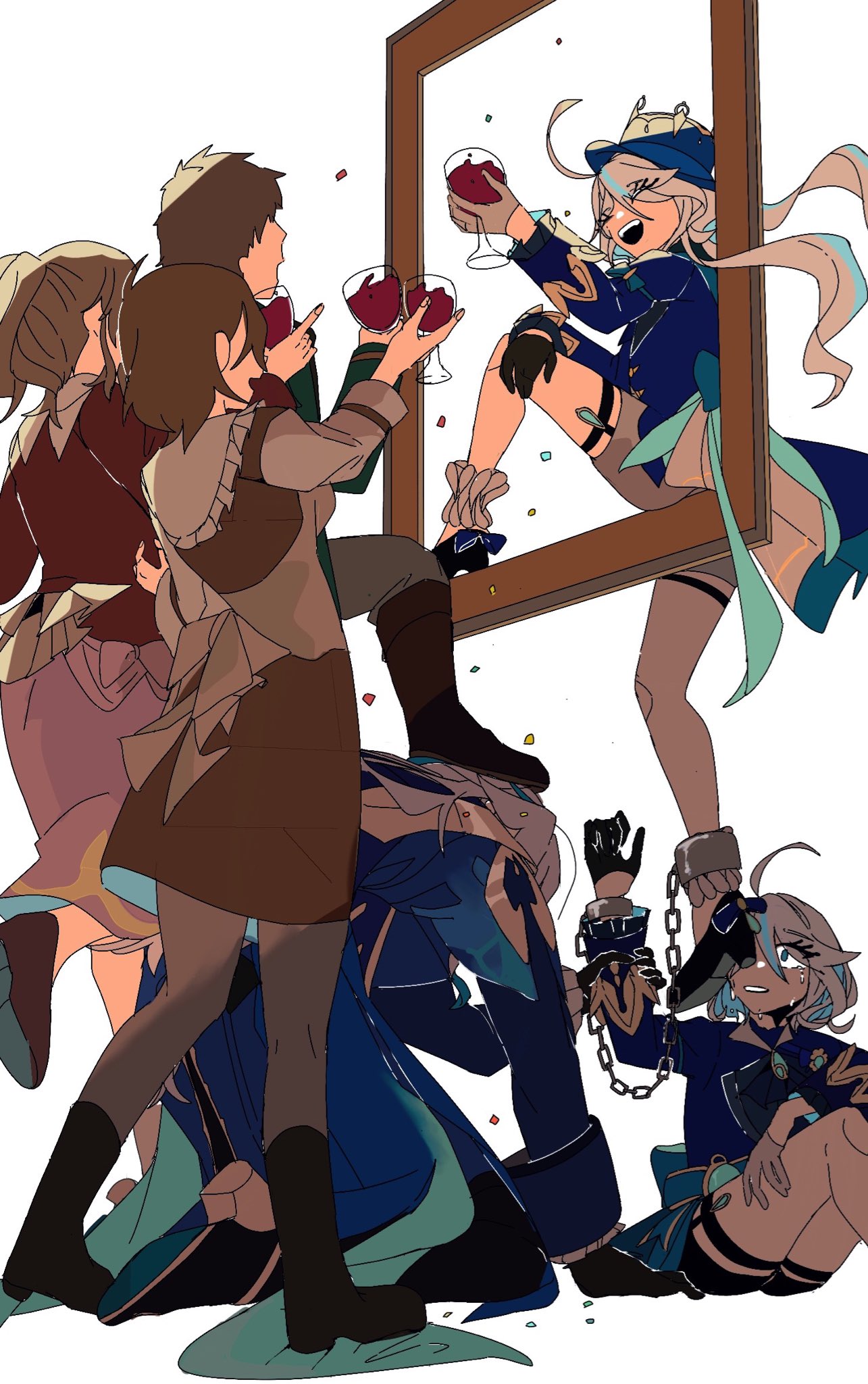 2boys, 4girls, :d, ^_^, ahoge, alcohol, ankle_cuffs, ascot