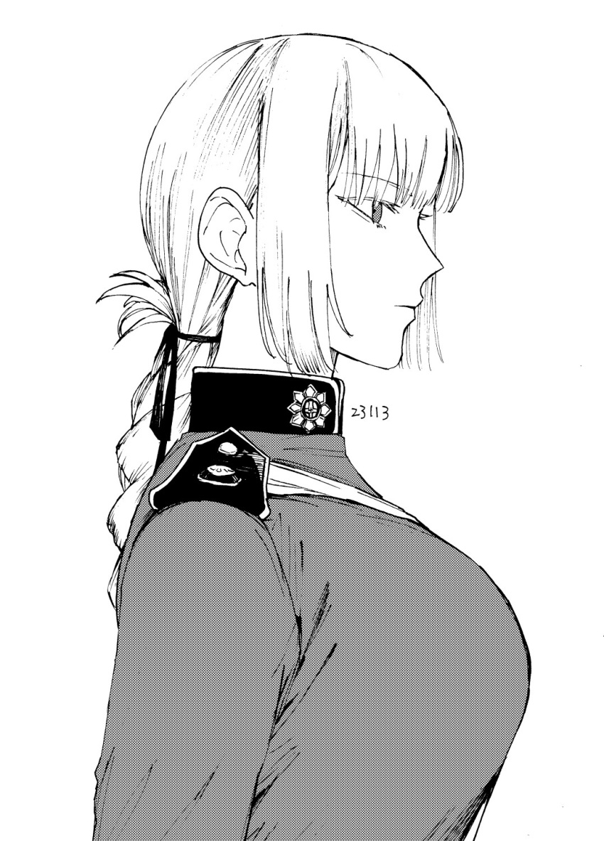 1girl, braid, breasts, closed_mouth, dated, epaulettes, expressionless, fate/grand_order