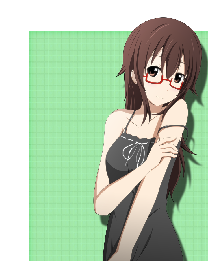 1girl, alternate_hairstyle, bare_shoulders, brown_eyes, brown_hair, dress, glasses, igashiko