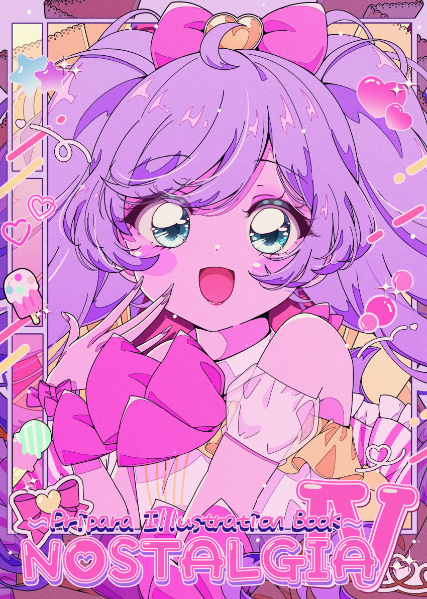 1girl, :d, absurdres, ahoge, blue_eyes, blush, bow, cover