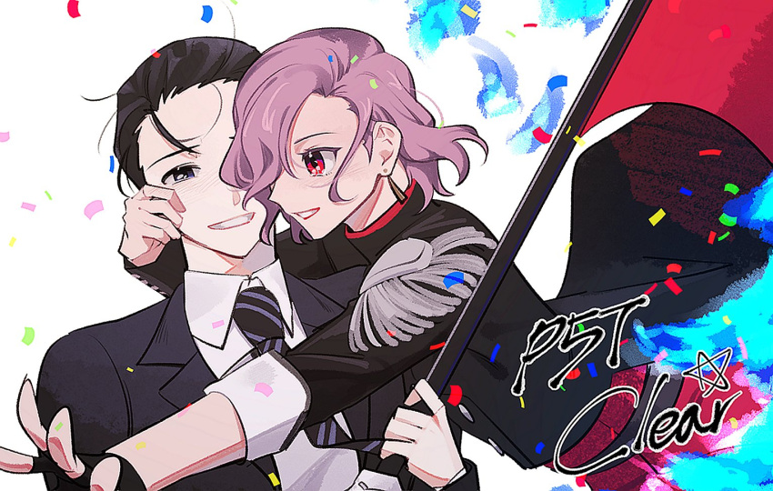 1boy, 1girl, black_gloves, black_hair, black_jacket, blue_eyes, blush, collared_shirt