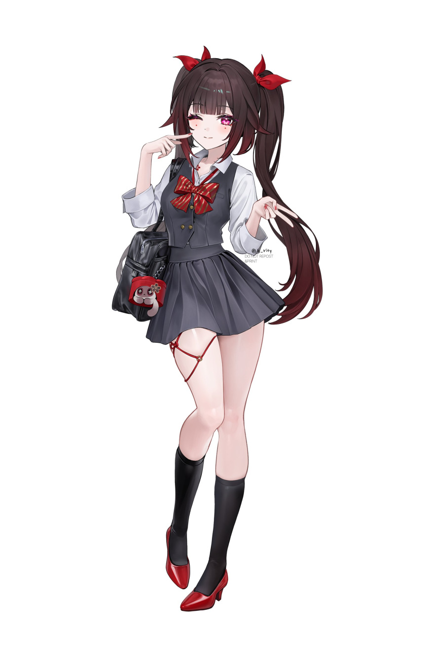 1girl, absurdres, alternate_costume, bag, black_bag, black_hair, black_socks, bow