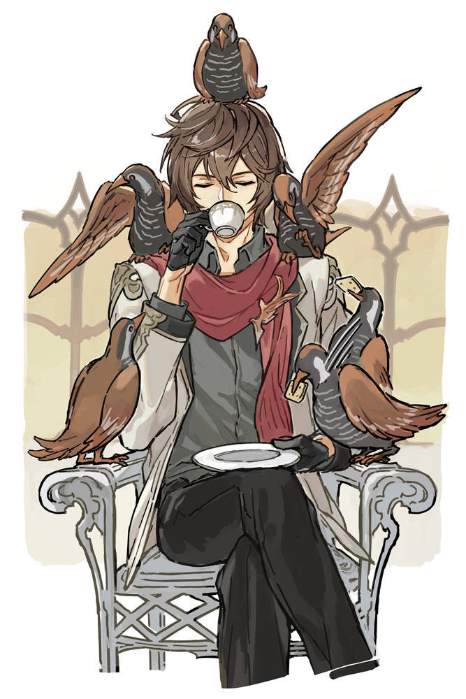 1boy, 5others, ahoge, animal_on_head, animal_on_shoulder, bird, bird_on_head, bird_on_shoulder, bishounen, black_gloves, black_pants, brown_hair, closed_eyes, coffee, coffee_cup, commentary, commentary_request, cowboy_shot, cracker, crossed_legs, cup, dated_commentary, disposable_cup, drinking, food, gloves, granblue_fantasy, grey_shirt, hair_between_eyes, holding, holding_cup, j999, jacket, layered_sleeves, male_focus, messy_hair, multiple_others, okinawa_rail, on_chair, on_head, open_clothes, open_jacket, pants, red_scarf, sandalphon_(granblue_fantasy), sandalphon_(primarch_afterhours)_(granblue_fantasy), scarf, shirt, short_hair, too_many, too_many_birds