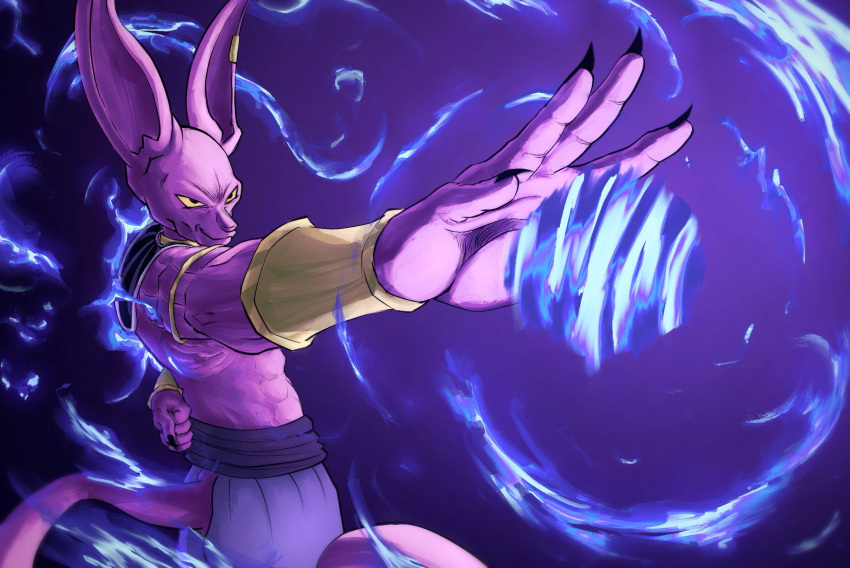 1boy, alien, arm_behind_back, armlet, bald, beerus, brace, colored_skin