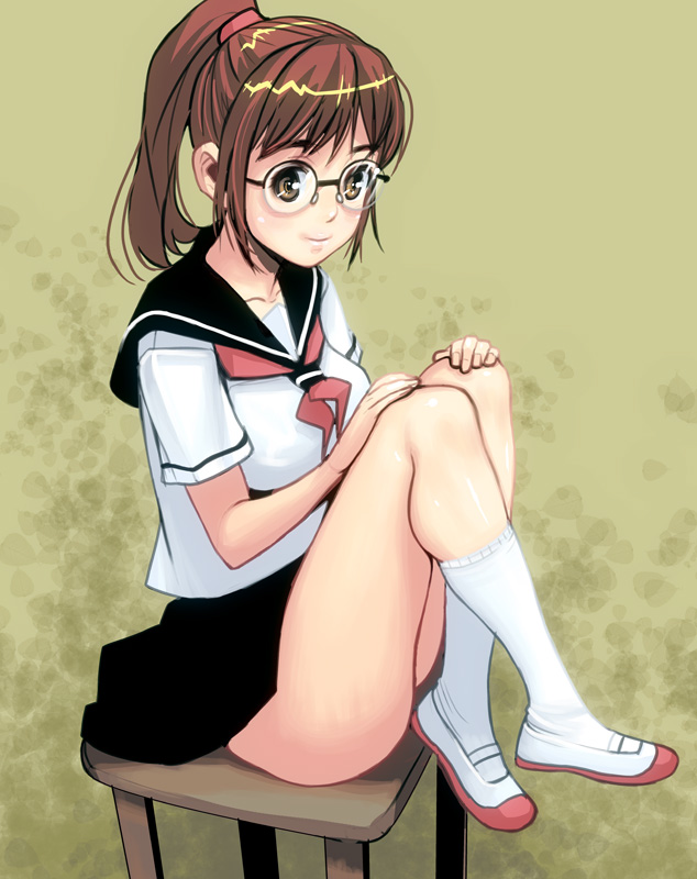 bottom_touching_surface, brown_hair, curve_of_ass, glasses, legs, masao, original, ponytail