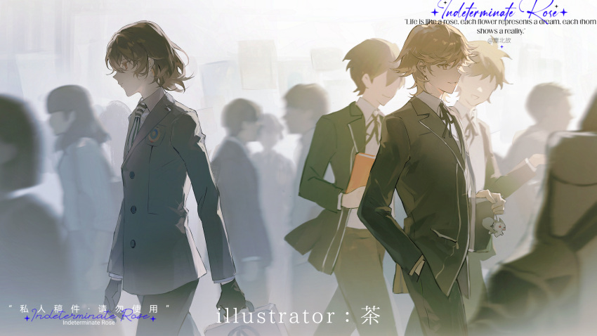 2boys, absurdres, aged_up, akechi_gorou, amada_ken, artist_name, bag, bag_charm