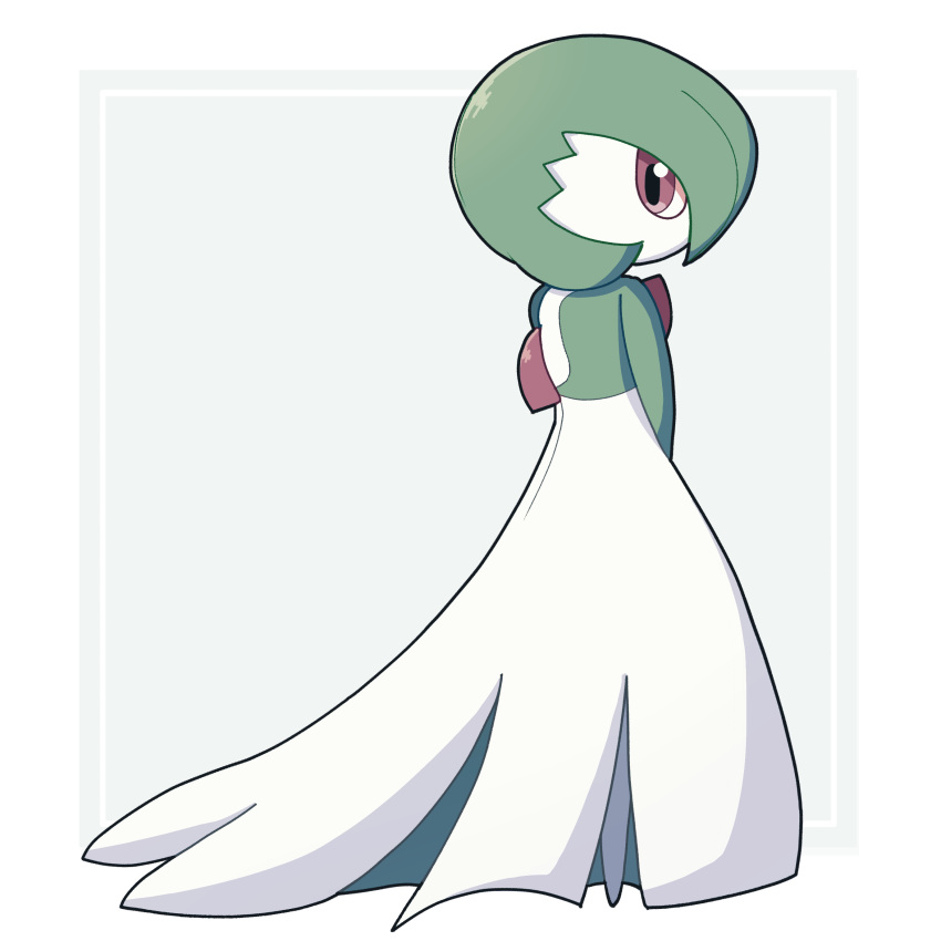 1girl, absurdres, bob_cut, border, colored_skin, commentary_request, from_behind, gardevoir