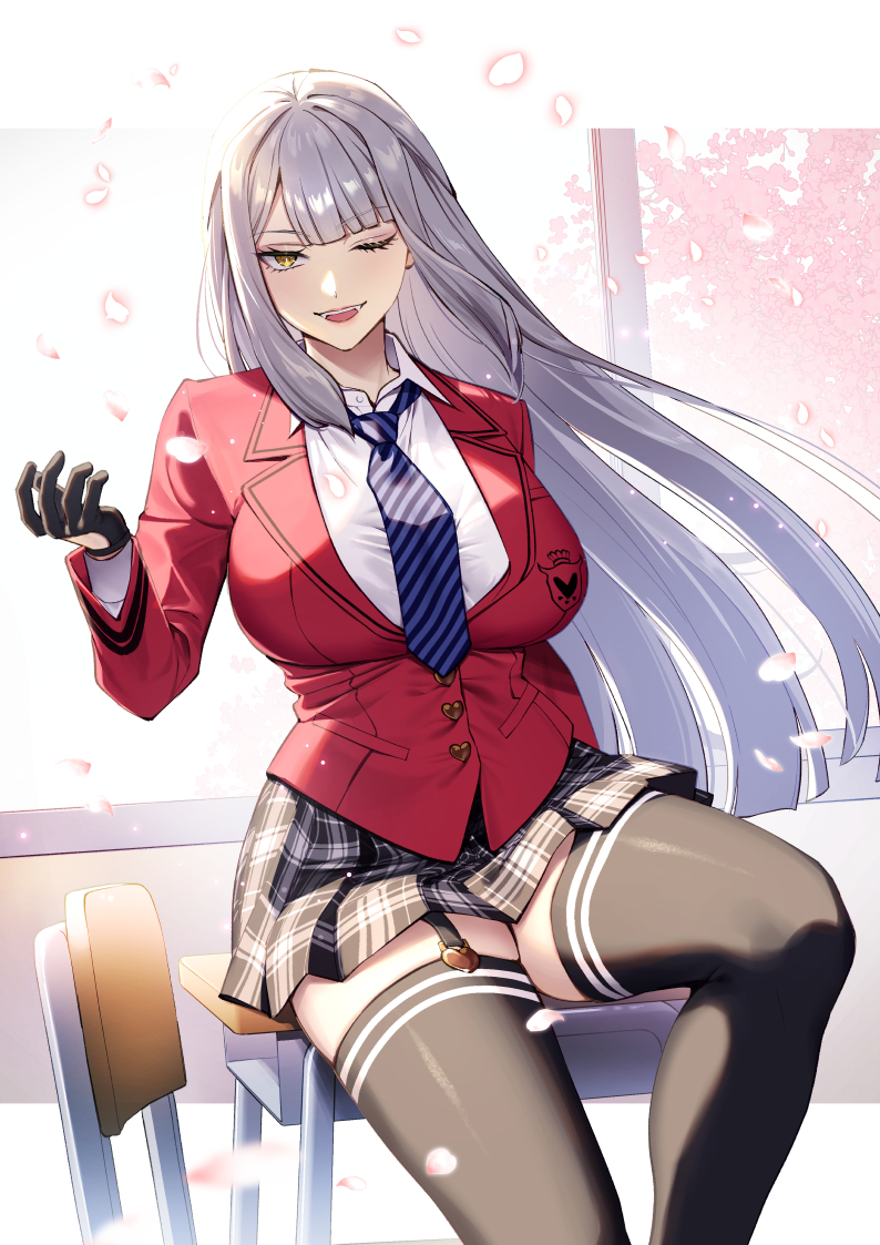 1girl, black_gloves, blue_necktie, breasts, chair, cherry_blossoms, desk, falling_petals