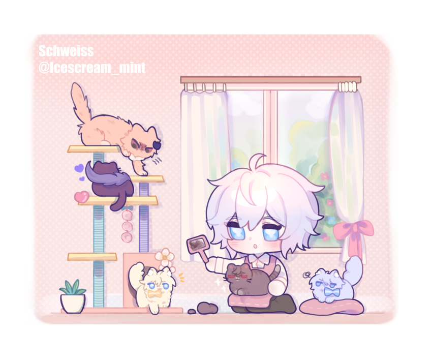 :o, ahoge, animal_on_lap, animalization, artist_name, beelzebub_(granblue_fantasy), belial_(granblue_fantasy), blue_eyes, bow, cat, cat_on_lap, cat_tower, chibi, commentary_request, granblue_fantasy, hair_between_eyes, heart, highres, light_blush, lucifer_(shingeki_no_bahamut), lucilius_(granblue_fantasy), lucio_(granblue_fantasy), male_focus, messy_hair, on_lap, patterned_background, pillow, plant, potted_plant, sandalphon_(granblue_fantasy), schw3iss_b, short_hair, sitting, spoken_heart, spoken_squiggle, squiggle, thai_commentary, twitter_username, wariza, white_hair, window