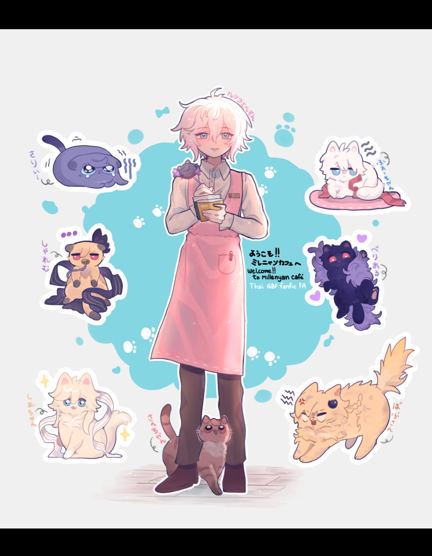 ..., 1boy, ahoge, animalization, apron, beelzebub_(granblue_fantasy), belial_(granblue_fantasy), black_cat, blue_eyes, cat, english_commentary, english_text, feather_boa, full_body, granblue_fantasy, grey_background, hair_between_eyes, heart, helel_ben_sahar_(granblue_fantasy), helel_ben_shalem, highres, holding, holding_notepad, lucifer_(shingeki_no_bahamut), lucilius_(granblue_fantasy), lucio_(granblue_fantasy), male_focus, messy_hair, notepad, pacifier, paw_print, pink_apron, red_ribbon, ribbon, sandalphon_(granblue_fantasy), sariel_(granblue_fantasy), schw3iss_b, short_hair, smile, sparkle, spoken_heart, spoken_sparkle, spoken_squiggle, squiggle, too_many, too_many_cats, trembling, white_hair, writing