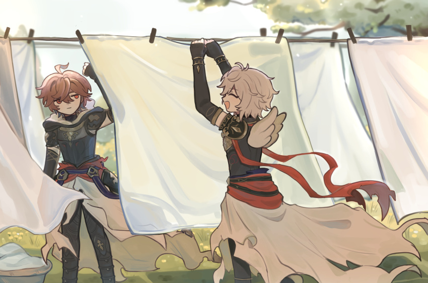 2boys, :d, ahoge, armor, arms_up, breastplate, brown_hair, cape