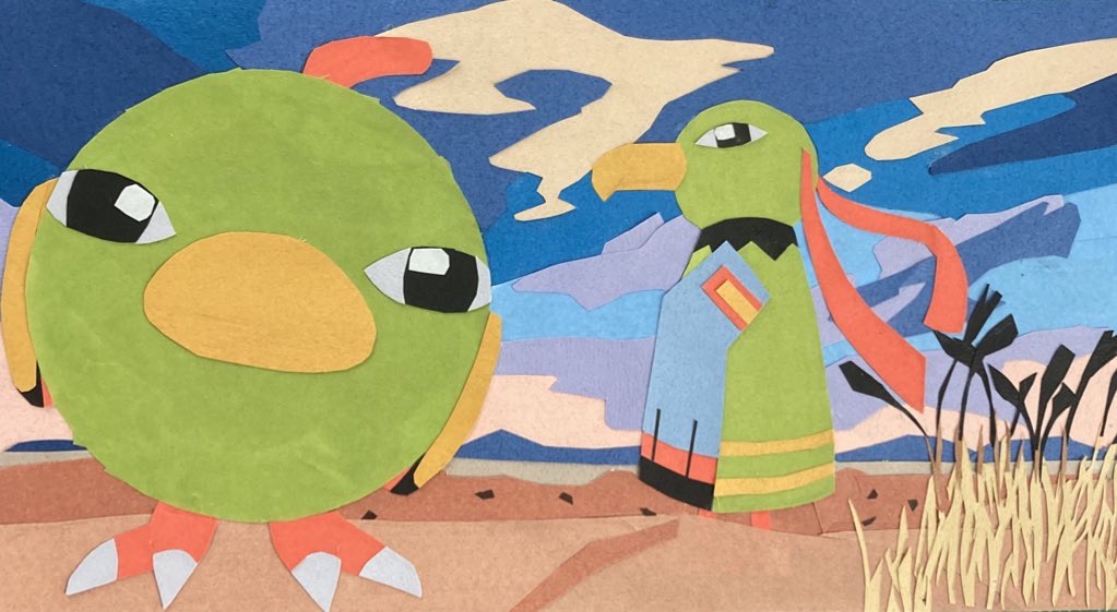animal_focus, bird, black_eyes, blue_sky, claws, closed_mouth, commentary, day, evolutionary_line, fisheye, from_side, full_body, grass, head_tilt, looking_at_viewer, natu, no_humans, outdoors, paper_cutout_(medium), pokemon, pokemon_(creature), profile, sky, standing, tori_chiritsu, traditional_media, xatu
