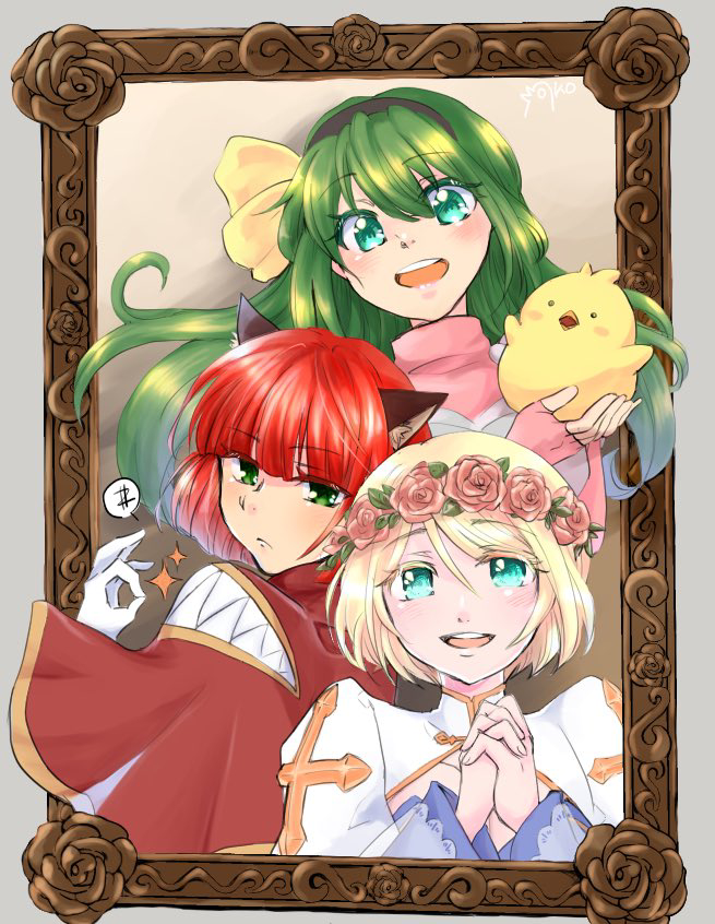 3girls, alternate_color, animal, animal_ear_fluff, animal_ears, arch_bishop_(ragnarok_online), bird, black_hairband, blonde_hair, blue_dress, blue_eyes, blunt_bangs, bob_cut, bow, bow_hairband, cape, cat_ears, chick, cleavage_cutout, clothing_cutout, creator_(ragnarok_online), cross, dress, fingerless_gloves, flower, gloves, green_eyes, green_hair, hair_bow, hairband, head_wreath, holding, holding_animal, holding_bird, interlocked_fingers, long_hair, moko_(gumaguma_m), money_gesture, multiple_girls, own_hands_together, picture_frame, pink_flower, pink_gloves, pink_rose, pink_shirt, ragnarok_online, red_cape, redhead, rose, round_teeth, shirt, sparkle, super_novice_(ragnarok_online), teeth, two-tone_dress, upper_teeth_only, white_dress, yellow_bow