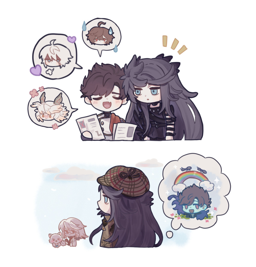 1girl, 4boys, ahoge, ant, belial_(granblue_fantasy), black_hair, blue_eyes, blue_sky