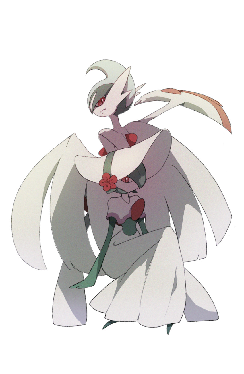 1boy, 1girl, arm_blade, arm_up, arms_at_sides, blue_hair, bob_cut, bonnet, capelet, closed_mouth, colored_skin, commentary_request, crossed_legs, flat_chest, flower, from_behind, full_body, gallade, gardevoir, gardevoir_(fashionable), green_hair, green_skin, hair_over_one_eye, hat, hat_flower, highres, looking_at_viewer, looking_back, mega_gallade, mega_pokemon, minami_(fsubqki_gh0st), mohawk, multicolored_hair, multicolored_skin, no_mouth, one_eye_covered, pink_trim, pokemon, pokemon_(creature), pokemon_unite, protecting, red_eyes, red_flower, short_hair, sideways_mouth, simple_background, sitting, standing, two-tone_hair, two-tone_skin, weapon, white_background, white_capelet, white_hat, white_skin