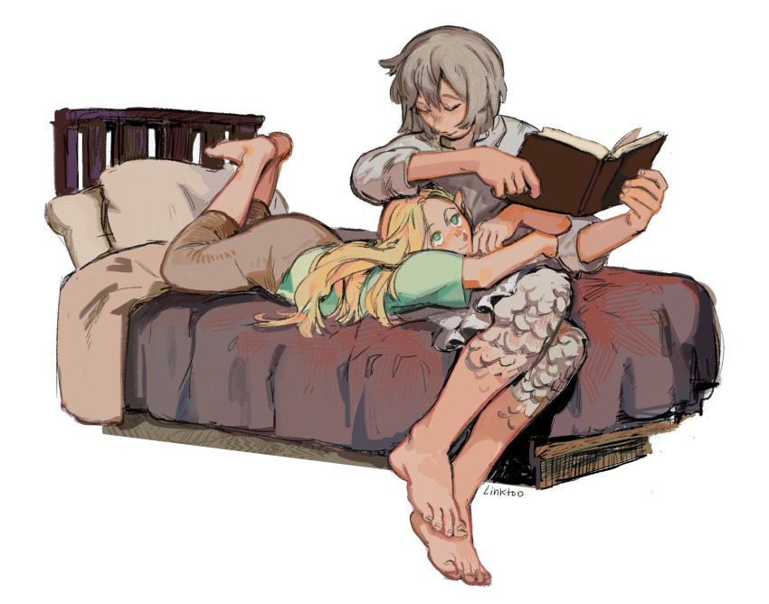 2girls, artist_name, barefoot, bed, blonde_hair, book, brown_pants, clinging, closed_eyes, commentary, dungeon_meshi, english_commentary, falin_thorden_(tallman), feathers, from_side, full_body, green_eyes, green_shirt, grey_hair, highres, holding, holding_book, hug, linktoo_doodles, long_hair, looking_at_another, looking_up, lying, marcille_donato, multiple_girls, on_bed, on_stomach, pants, pointy_ears, shirt, short_hair, short_sleeves, signature, simple_background, smile, white_background, white_shirt, yuri