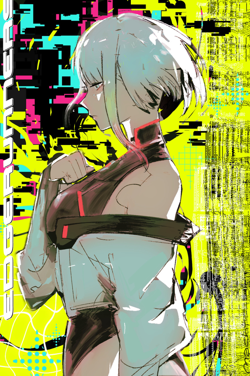 1girl, absurdres, arm_at_side, black_leotard, blunt_bangs, clenched_hand, closed_mouth, cyberpunk_(series)