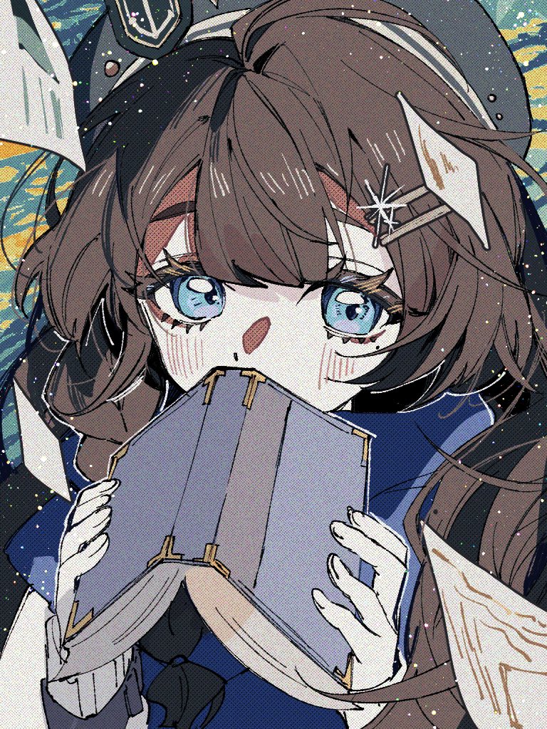 1girl, beret, blue_eyes, blue_scarf, book, book_to_mouth, brown_hair, covered_mouth