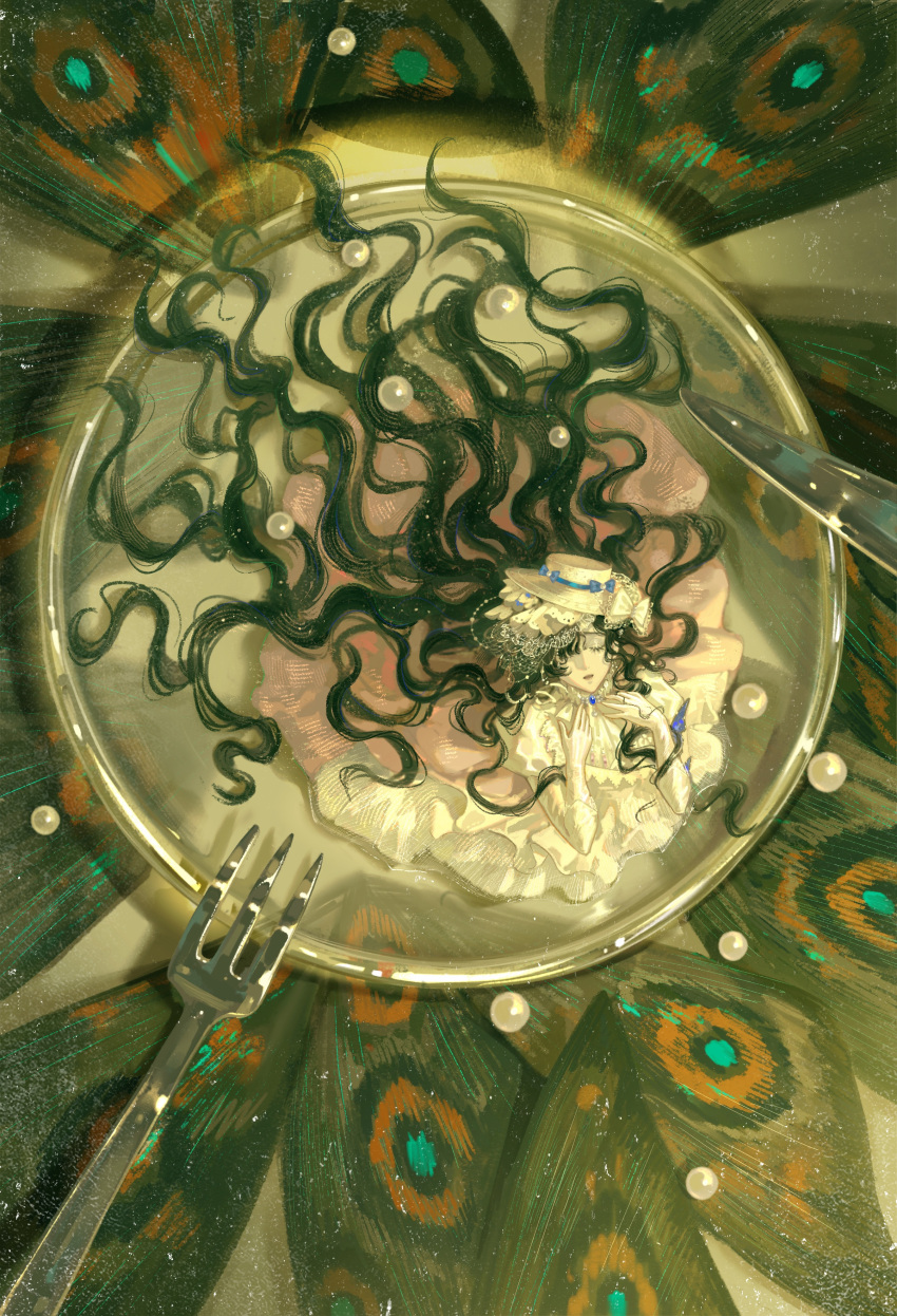 1girl, absurdly_long_hair, absurdres, black_hair, bow, chinese_commentary, closed_eyes, curly_hair