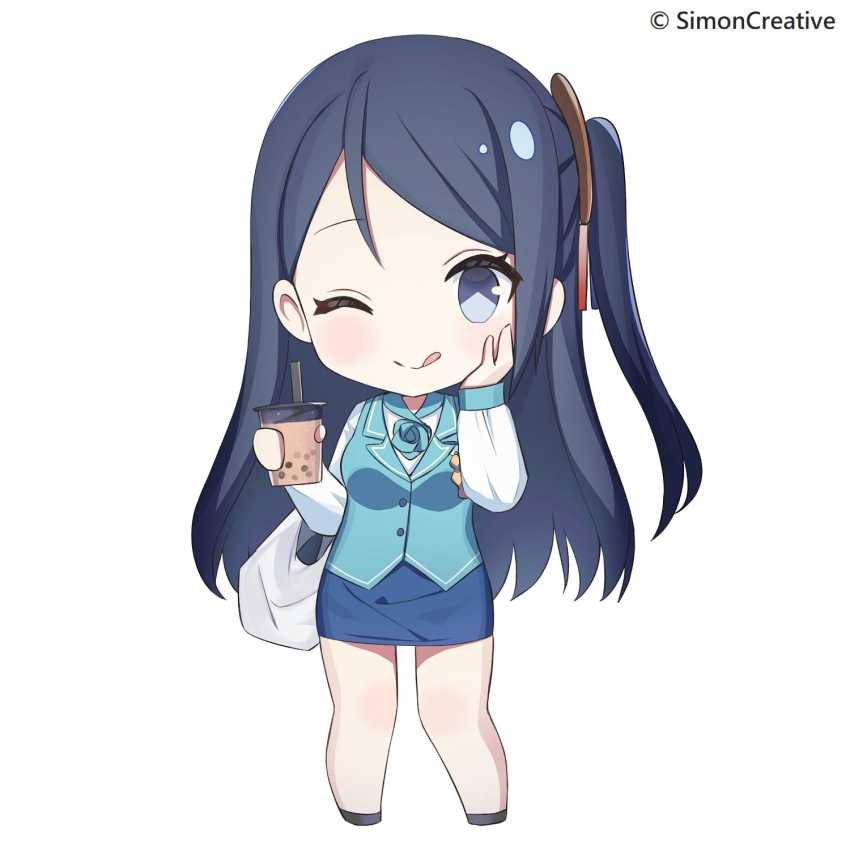 1girl, black_hair, blue_vest, highres, krt_girls, long_hair, long_sleeves, miniskirt