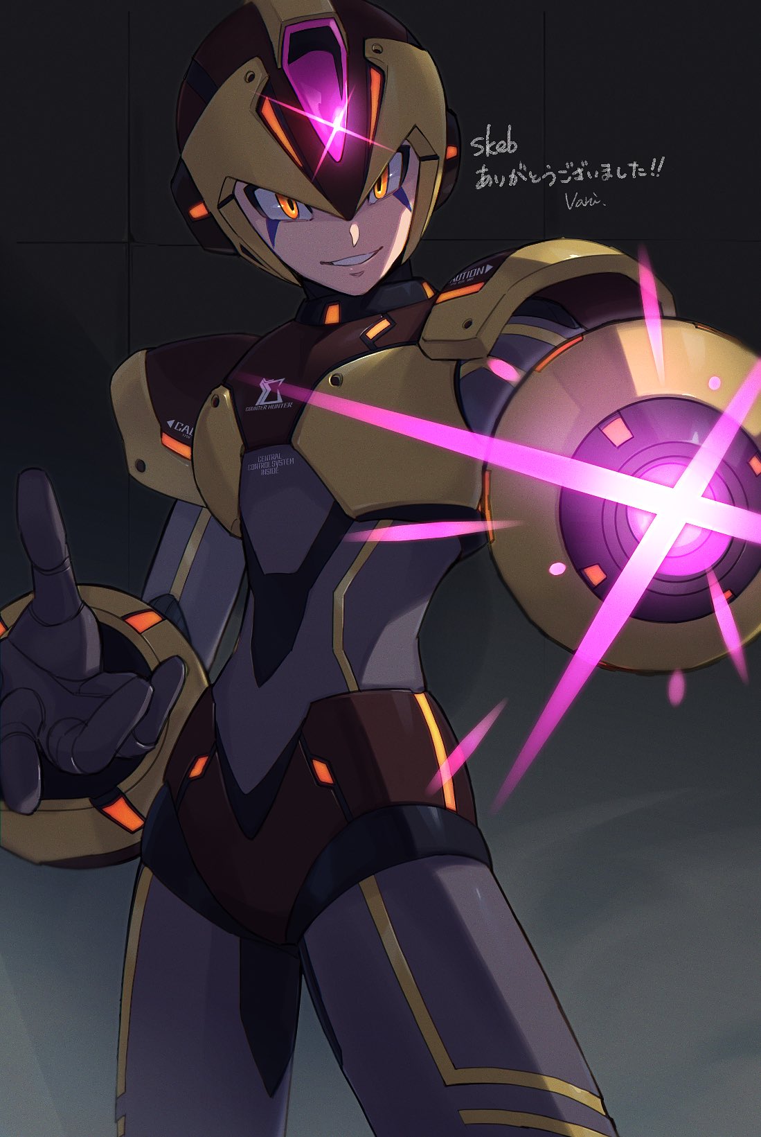 1boy, adapted_costume, aiming, aiming_at_viewer, arm_cannon, armor, brown_armor, brown_eyes