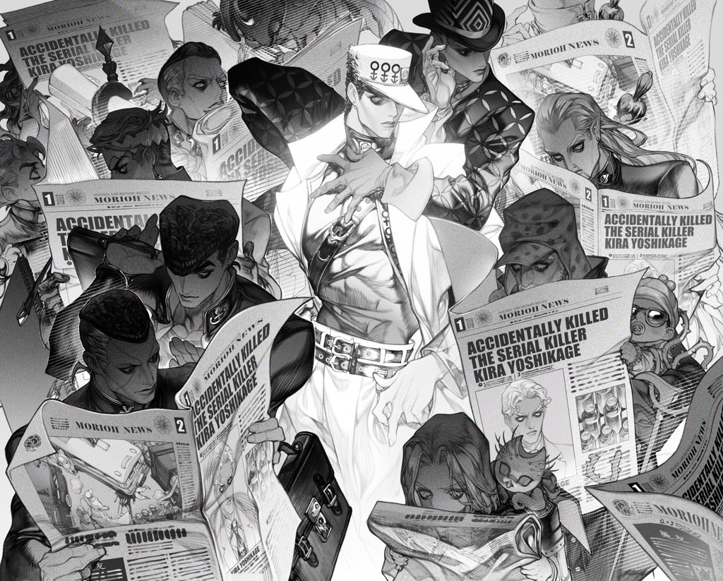 2girls, 6+boys, baby, bag, briefcase, commentary, creature, diamond_wa_kudakenai, echoes_(stand), echoes_act2, everyone, fungami_yuya, gakuran, gloves, grandfather_and_grandson, greyscale, hat, hazekura_mikitaka, hermit_purple, higashikata_josuke, hirose_koichi, holding, holding_newspaper, jojo_no_kimyou_na_bouken, joseph_joestar, joseph_joestar_(old), kidlu_jiu, kira_yoshikage, kishibe_rohan, kujo_jotaro, monochrome, multiple_boys, multiple_girls, newspaper, nijimura_okuyasu, pointy_ears, pompadour, reading, school_bag, school_briefcase, school_uniform, shizuka_joestar, spoilers, stand_(jojo), stray_cat_(jojo), tonio_trussardi, uncle_and_nephew, yamagishi_yukako