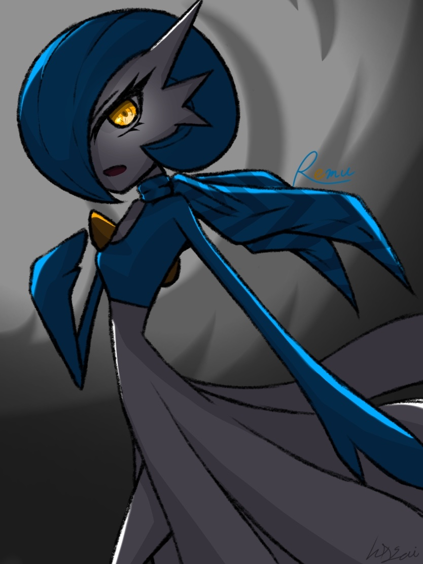 1girl, alternate_color, artist_name, backlighting, blue_hair, blue_scarf, blue_skin, bob_cut, breasts, choice_scarf, colored_skin, commentary_request, dark, from_side, gardevoir, glowing, glowing_eyes, grey_background, hair_over_one_eye, hand_up, hazai-san, looking_at_viewer, multicolored_skin, one_eye_covered, open_mouth, orange_eyes, pokemon, pokemon_(creature), scarf, shiny_pokemon, short_hair, signature, small_breasts, solo, striped_clothes, striped_scarf, two-tone_skin, white_skin
