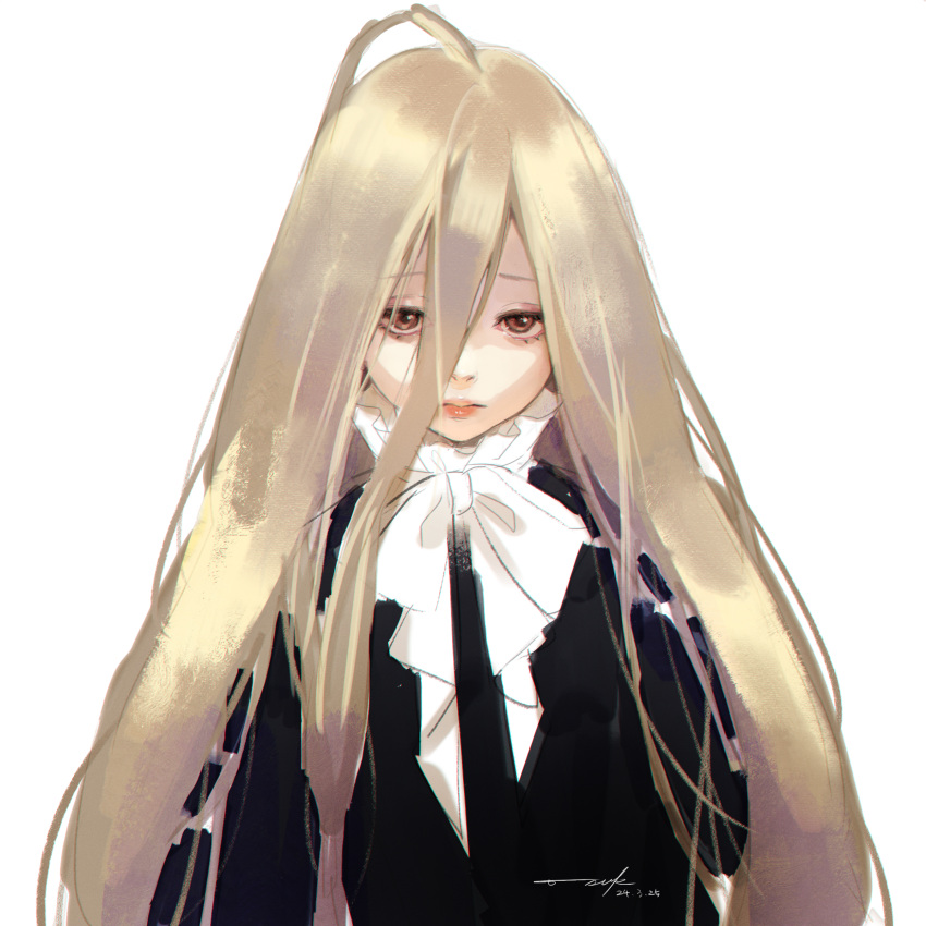 1girl, absurdres, black_dress, blonde_hair, brown_eyes, dress, hair_between_eyes, highres