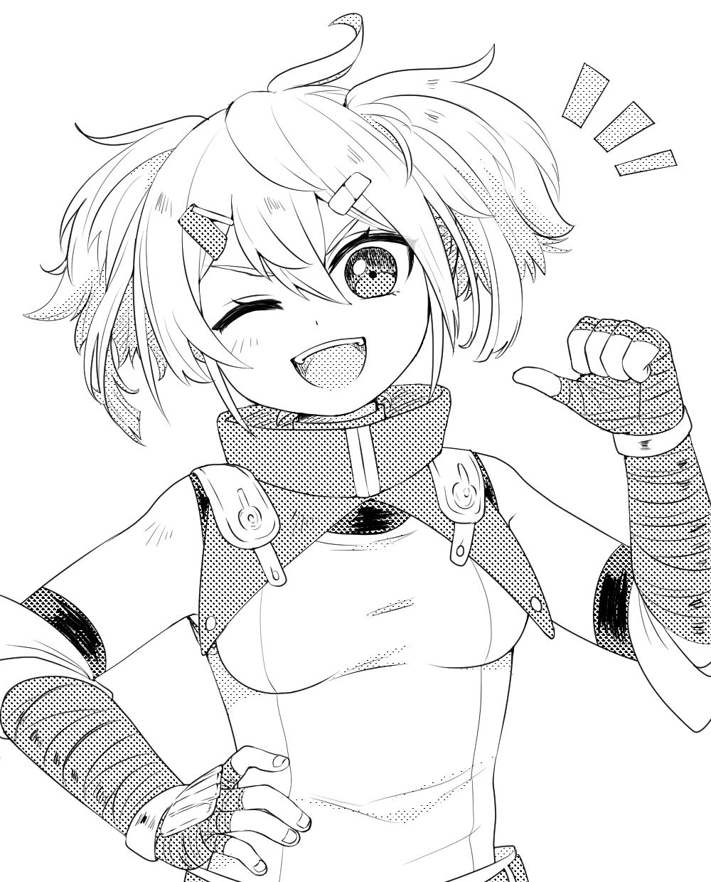 1girl, breasts, hand_on_own_hip, highres, juujirokun, looking_at_viewer, monochrome, notice_lines, oikatzo_(shangri-la_frontier), one_eye_closed, open_mouth, pointing, pointing_at_self, shangri-la_frontier, short_hair, small_breasts, smile, solo, twintails, uomi_kei, upper_body