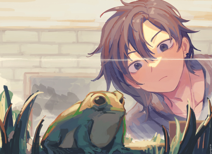 1boy, aquarium, bishounen, black_eyes, brown_hair, closed_mouth, ear_piercing, frog, grass, highres, looking_at_viewer, male_focus, piercing, sebastian_(stardew_valley), short_hair, solo, stardew_valley, upper_body, yuugurin