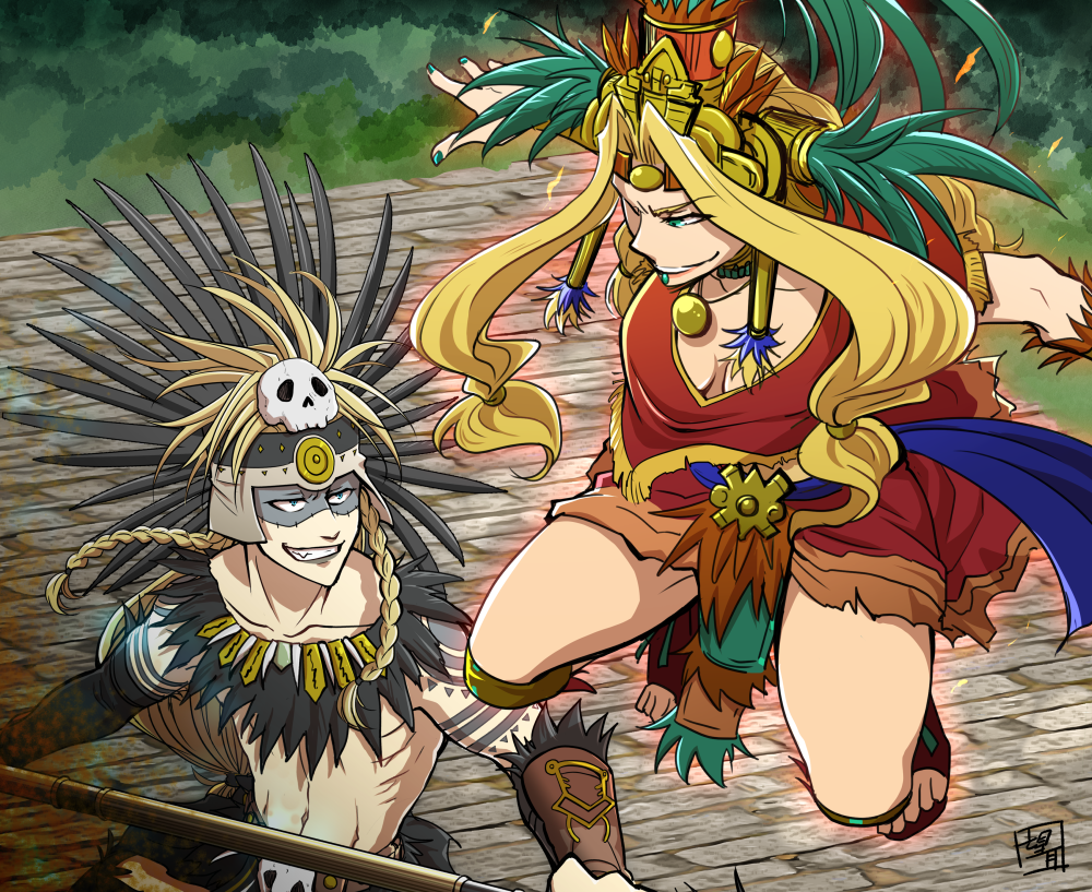 1boy, 1girl, aztec, blonde_hair, blue_eyes, brother_and_sister, circlet, fate/grand_order