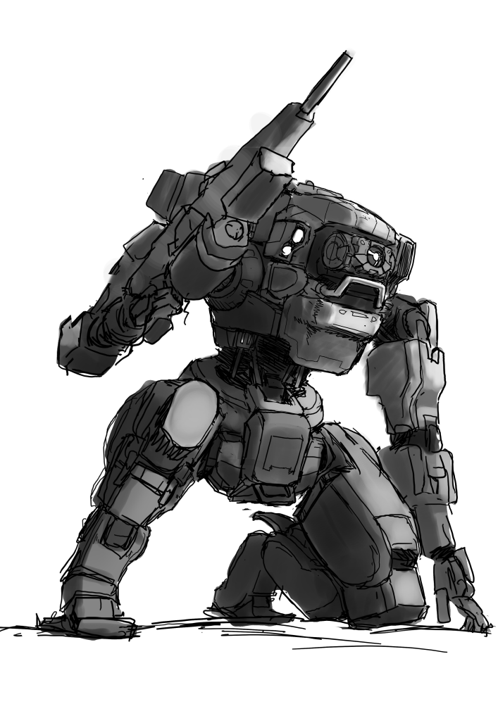 bt-7274, greyscale, gun, holding, holding_gun, holding_weapon, iwashi_sozoro, looking_up