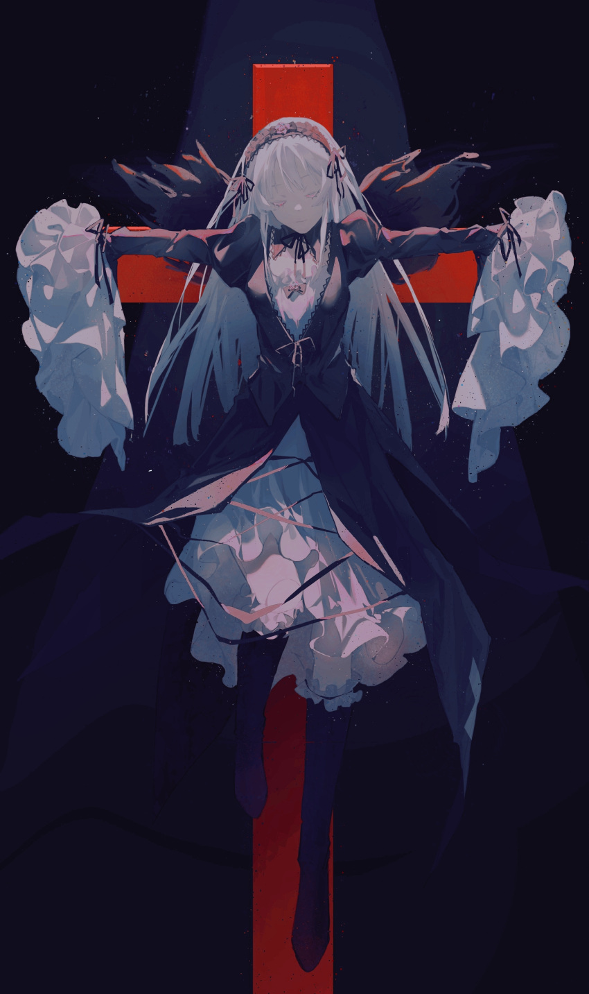 1girl, absurdres, acidxeno, black_background, black_dress, black_footwear, black_hairband, black_wings
