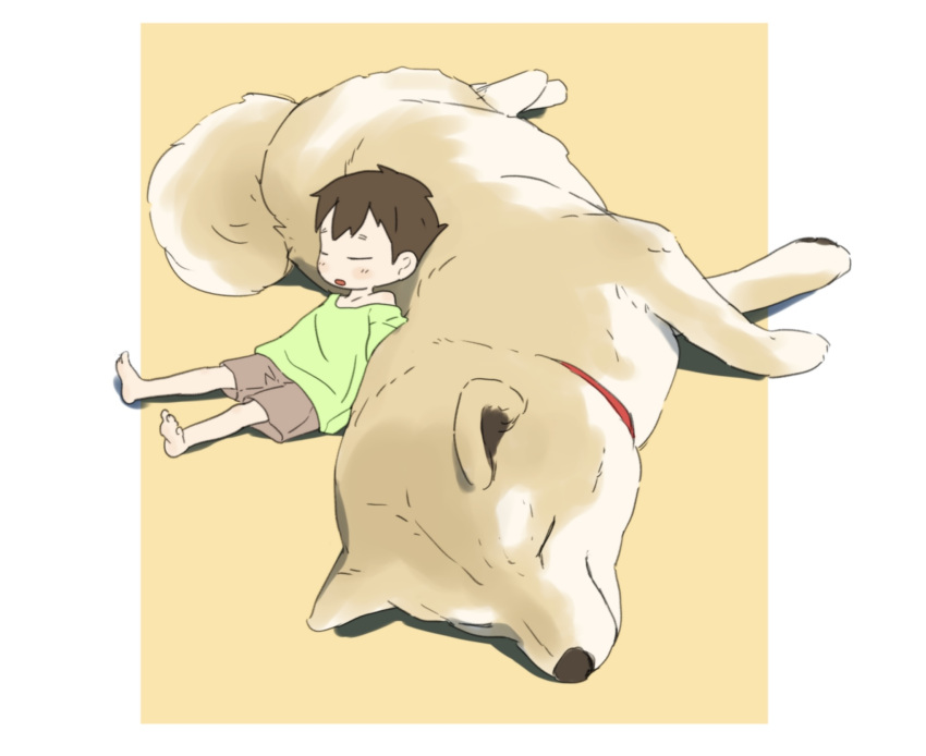 1boy, :o, animal, black_hair, border, child, closed_eyes, dog