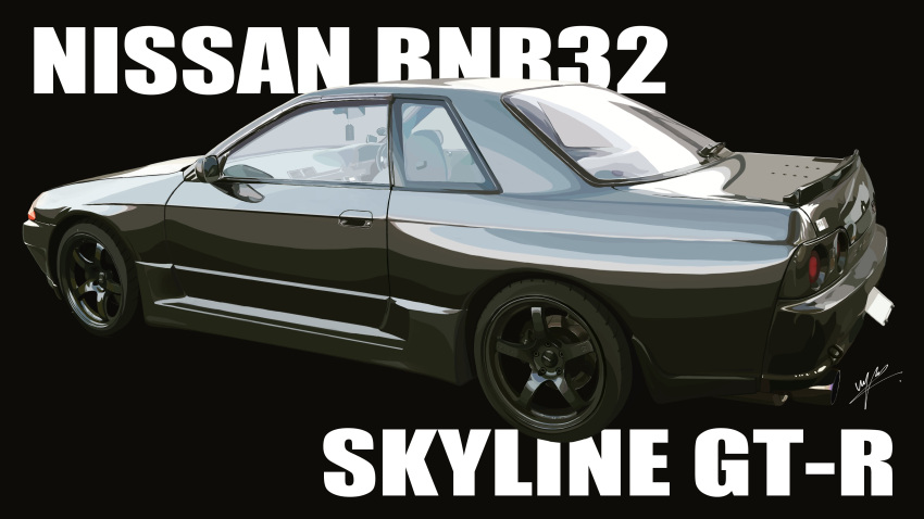 absurdres, car, from_side, highres, impact_(font), motor_vehicle, nissan, nissan_skyline, nissan_skyline_gt-r, nissan_skyline_r32, no_humans, original, realistic, signature, sports_car, vehicle_focus, vehicle_name, waju220