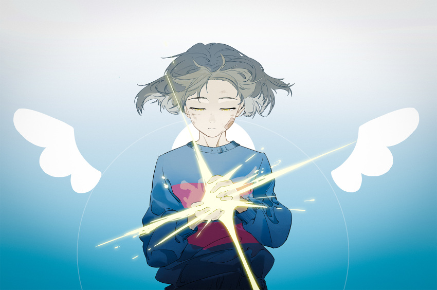 1other, androgynous, bandaid, bandaid_on_face, detached_wings, frisk_(undertale), glowing, gradient_background
