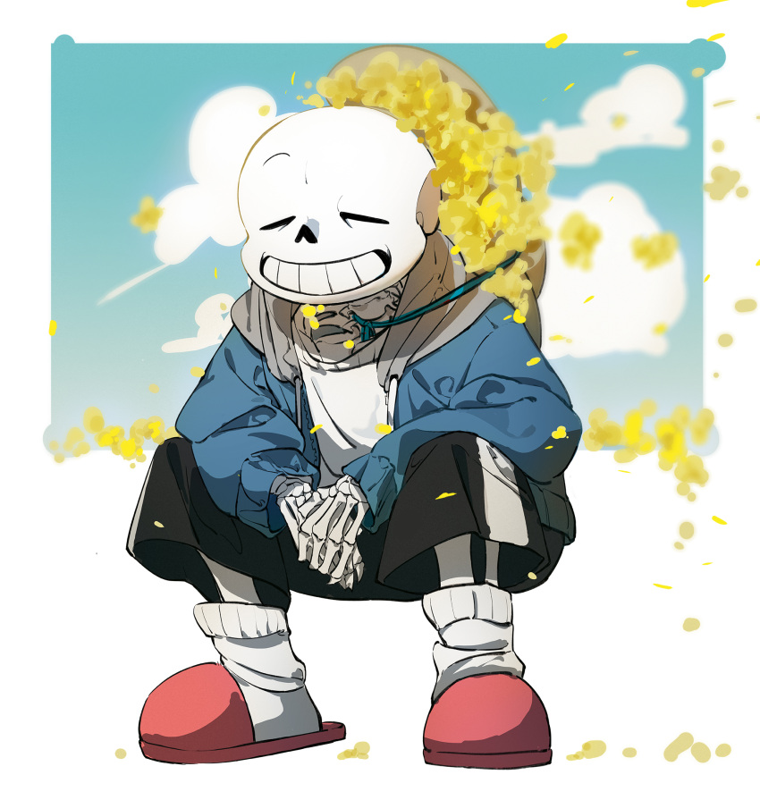 1boy, black_shorts, closed_eyes, grin, guangchenren, highres, hood, hooded_jacket