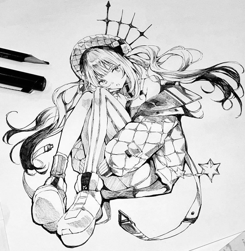 1girl, art_tools_in_frame, fate/grand_order, fate_(series), full_body, greyscale, hat, high_tops