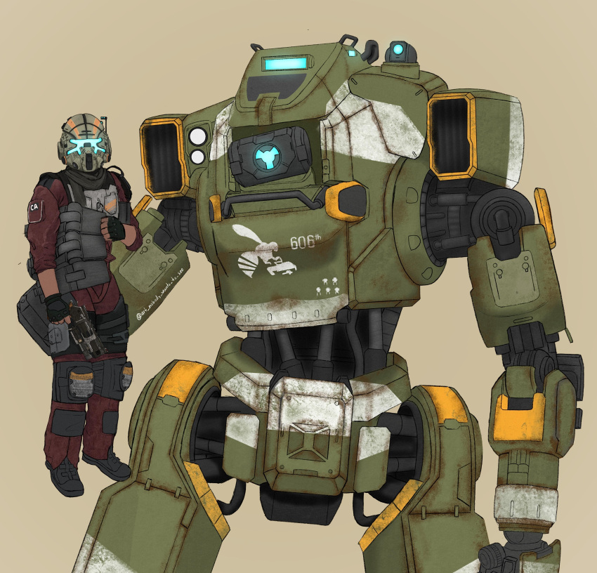 1boy, absurdres, art_nobody_wants_to_see, artist_name, assault_visor, b3_wingman_elite, black_gloves, blue_eyes, bodysuit, brown_background, bt-7274, clenched_hand, dark-skinned_male, dark_skin, english_commentary, fingerless_gloves, gloves, gun, handgun, highres, holding, holding_gun, holding_weapon, how_to_hold_my_baby_redraw_(meme), jack_cooper, lifting_person, looking_at_viewer, mecha, mecha_focus, meme, one-eyed, pilot_suit, red_bodysuit, revolver, robot, titan_(titanfall), titanfall_(series), titanfall_2, weapon