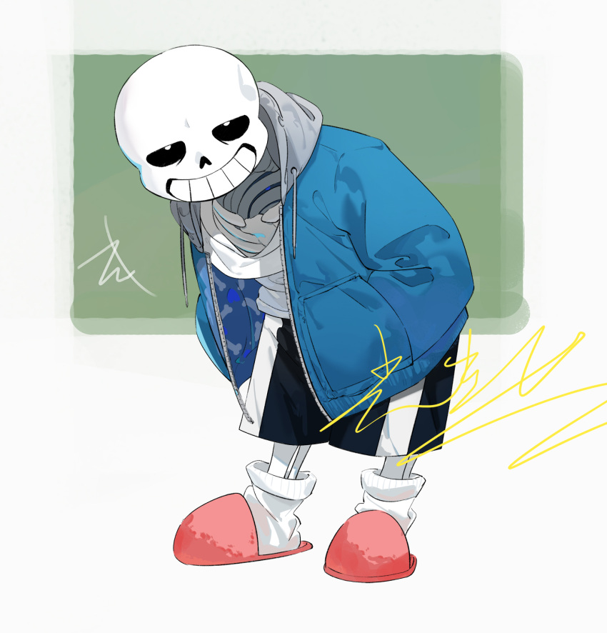 1boy, black_shorts, grin, guangchenren, hands_in_pockets, highres, hood, hooded_jacket, jacket, loafers, open_clothes, open_jacket, pink_footwear, sans_(undertale), shirt, shoes, shorts, signature, simple_background, skeleton, smile, socks, solo, teeth, undertale, white_shirt