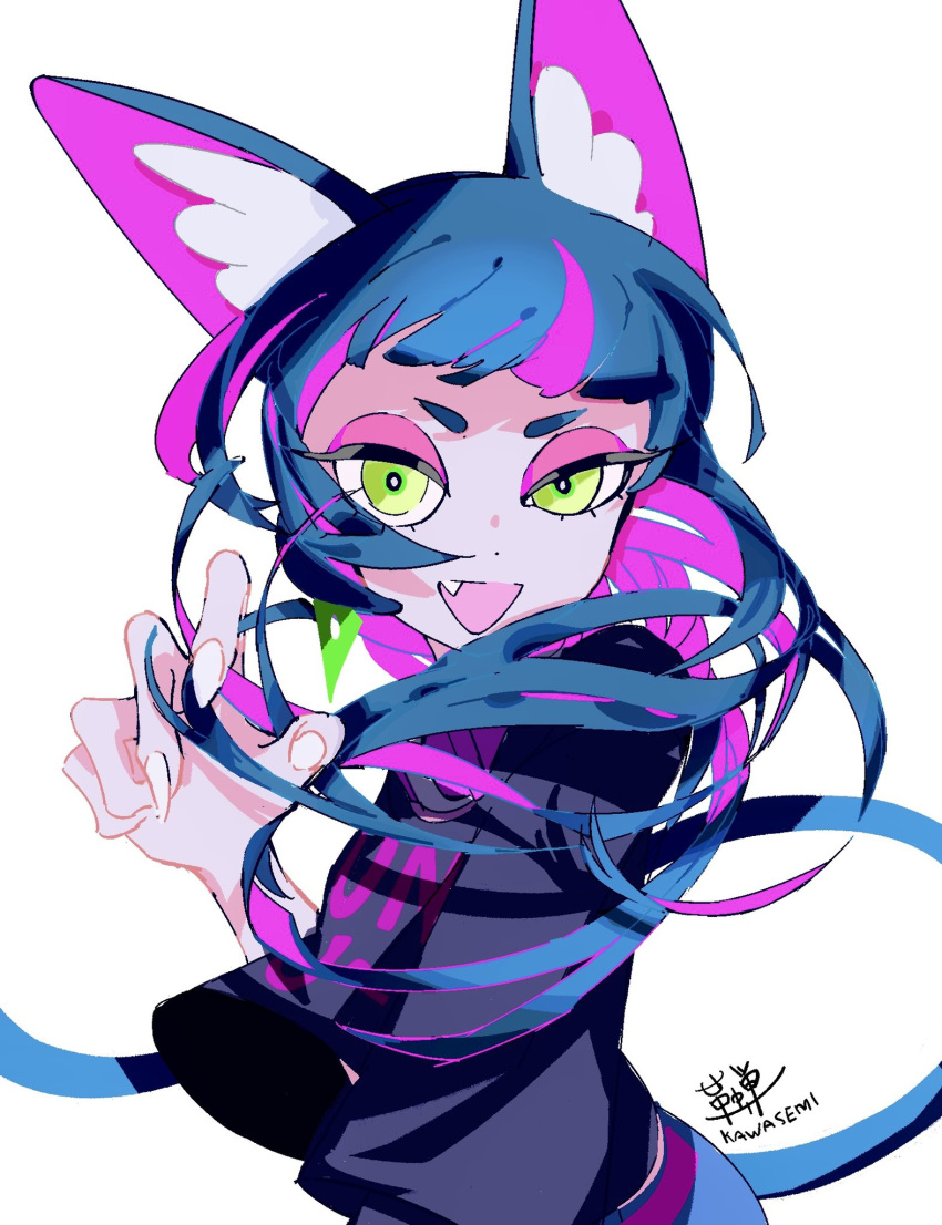 animal_ears, aozukikawasemi, cat_ears, clothes_writing, earrings, green_eyes, highres, jewelry