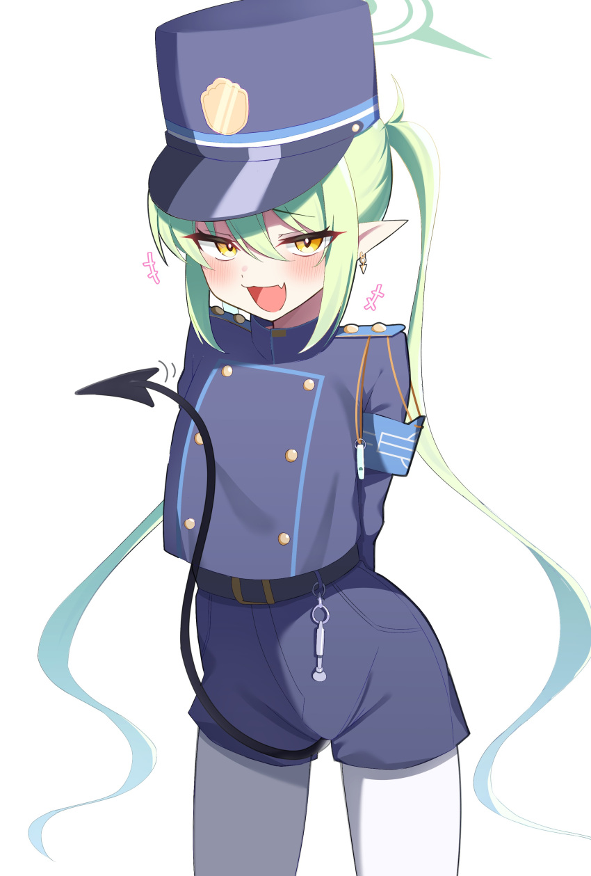+++, 1girl, absurdres, black_hat, black_shirt, black_shorts, black_tail, blue_archive