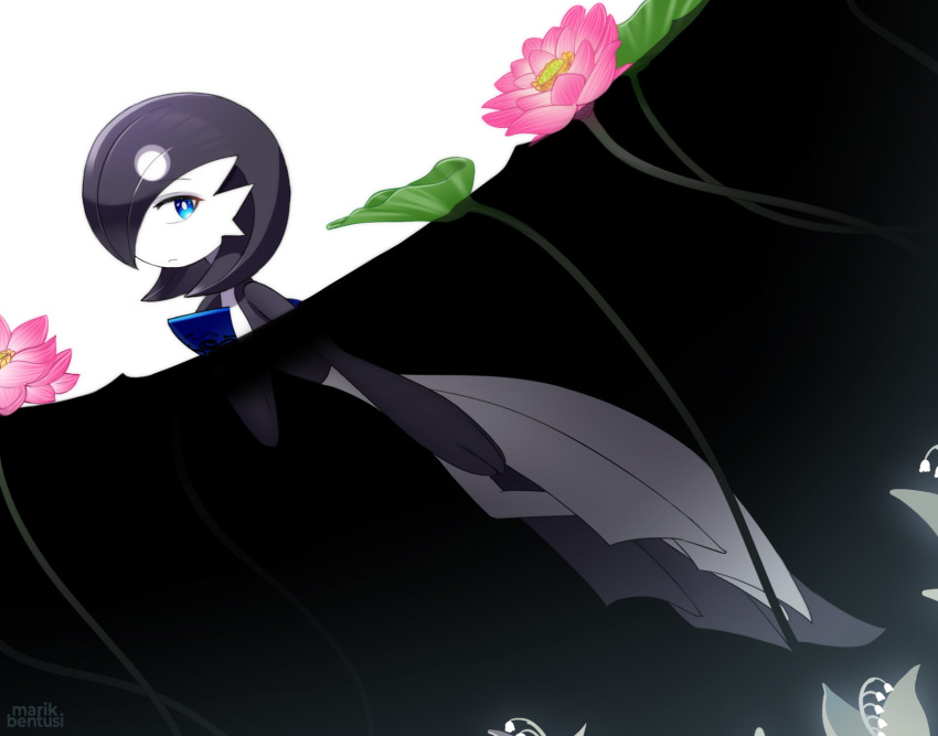 1girl, alternate_color, alternate_shiny_pokemon, arm_at_side, artist_name, black_hair, black_skin, blue_eyes, bob_cut, bright_pupils, colored_skin, commentary, dutch_angle, english_commentary, flat_chest, flower, from_side, full_body, gardevoir, glowing, hair_over_one_eye, hand_on_own_chest, hand_up, highres, lily_of_the_valley, lily_pad, looking_at_viewer, lotosu_(style), lotus, marik_bentusi, multicolored_skin, one_eye_covered, outdoors, parted_lips, partially_submerged, partially_underwater_shot, pink_flower, pokemon, pokemon_(creature), short_hair, solo, two-tone_skin, watermark, white_flower, white_pupils, white_skin